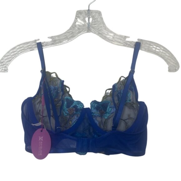 Avidlove Bra Embroidered Floral Underwire Small Blue New Unlined - Picture 2 of 8
